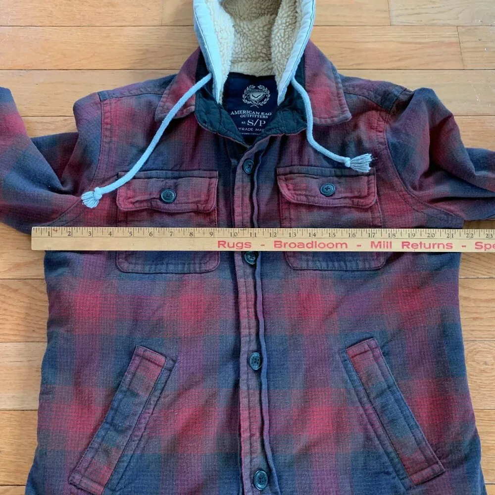 American Eagle Mens S Plaid Sherpa Lined‎ Full Button Jacket Hooded Y2K